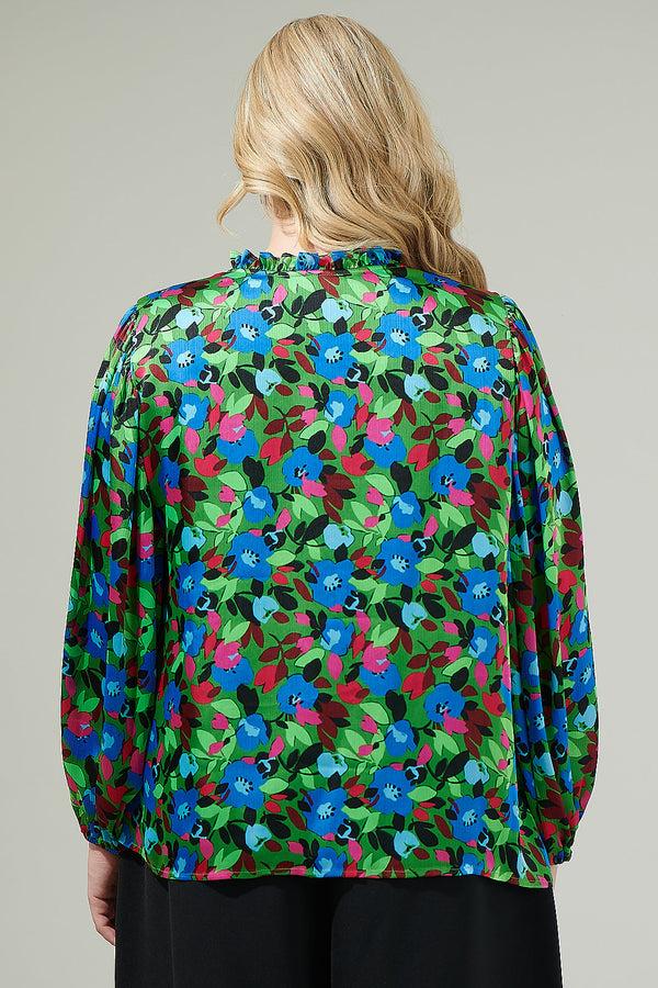 Sugarlips Destine Floral Hathaway Split Neck Long Sleeve Blouse Curve