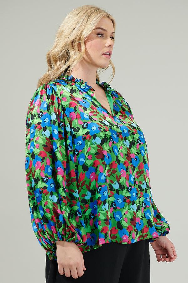 Sugarlips Destine Floral Hathaway Split Neck Long Sleeve Blouse Curve