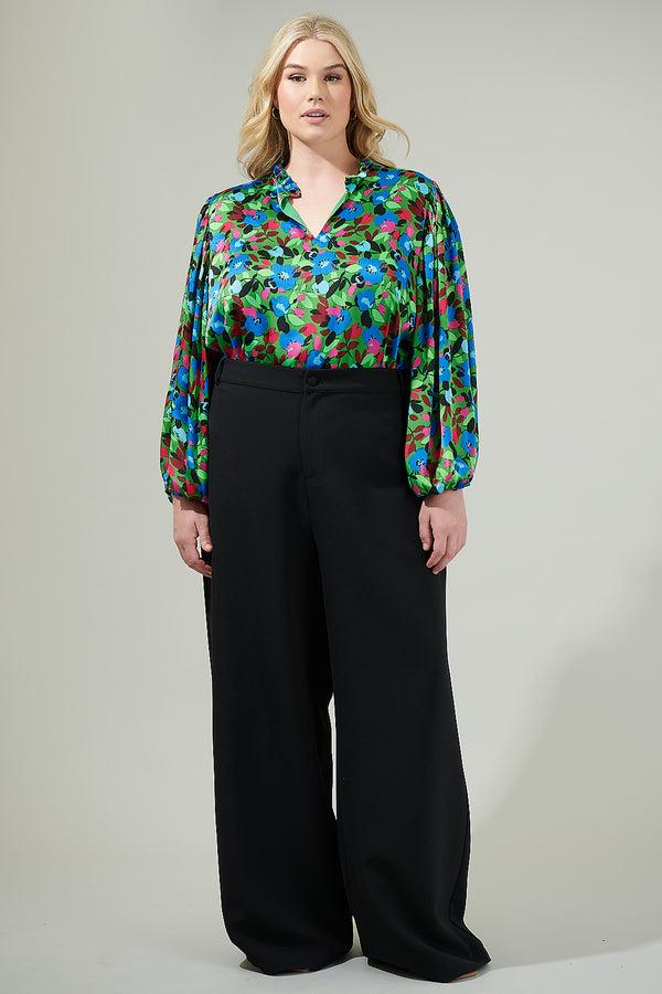 Sugarlips Destine Floral Hathaway Split Neck Long Sleeve Blouse Curve