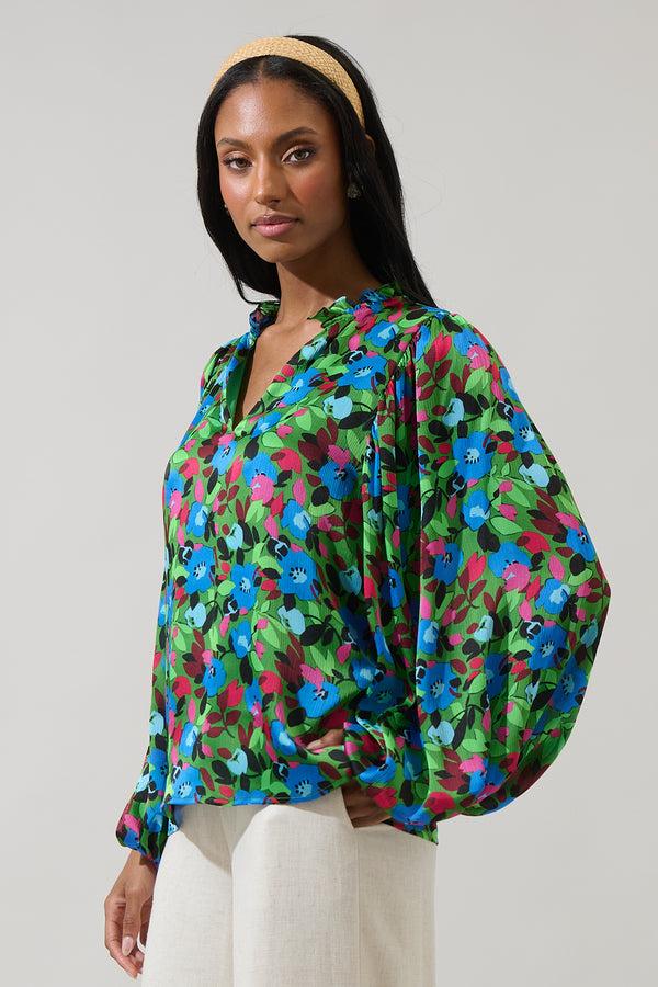 Sugarlips Destine Floral Hathaway Split Neck Long Sleeve Blouse