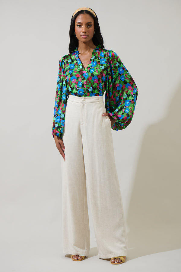 Sugarlips Destine Floral Hathaway Split Neck Long Sleeve Blouse