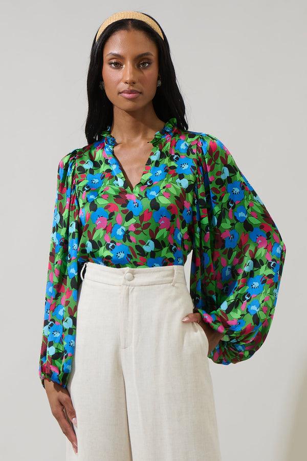 sugarlips Destine Floral Hathaway Split Neck Long Sleeve Blouse