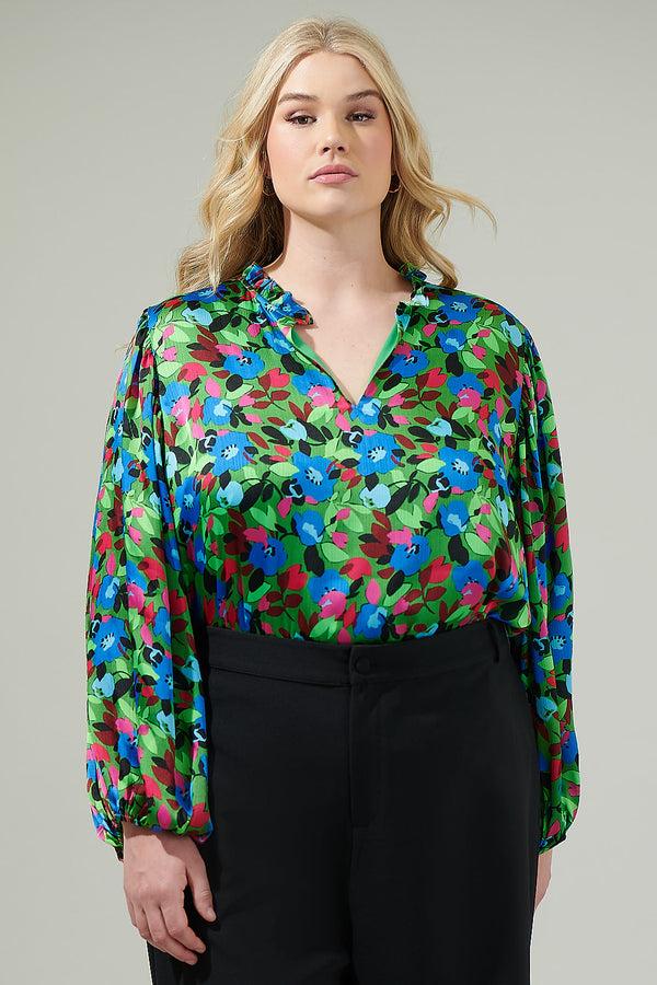 sugarlips Destine Floral Hathaway Split Neck Long Sleeve Blouse Curve