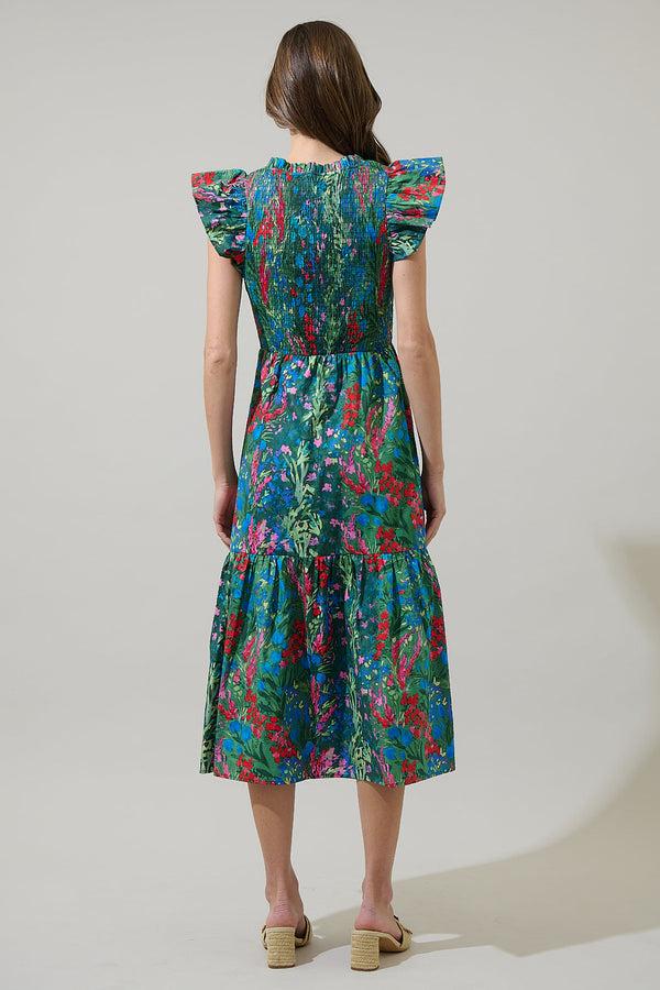 Sugarlips Devin Floral Glare Smock Tiered Midi Dress