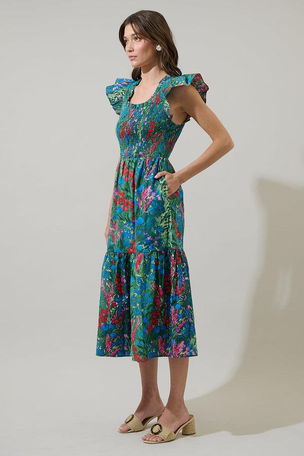 Sugarlips Devin Floral Glare Smock Tiered Midi Dress