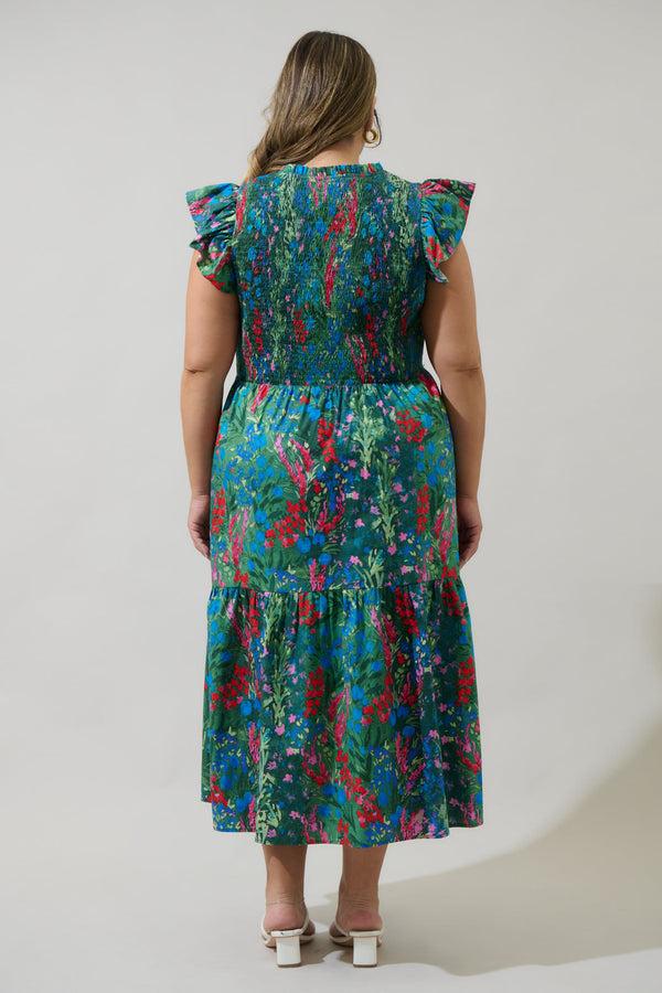 Sugarlips Devin Floral Glare Smock Tiered Midi Dress Curve