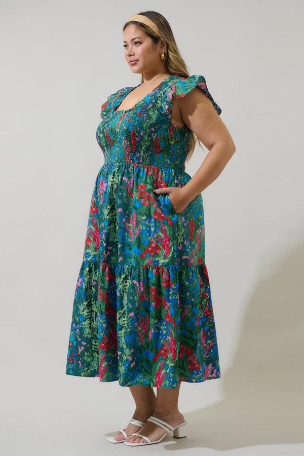 Sugarlips Devin Floral Glare Smock Tiered Midi Dress Curve