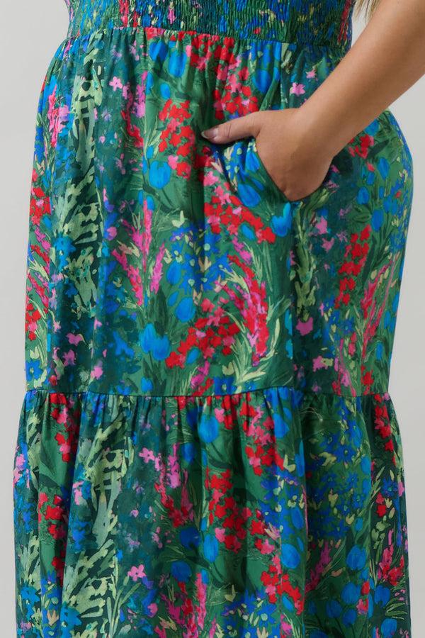 Sugarlips Devin Floral Glare Smock Tiered Midi Dress Curve