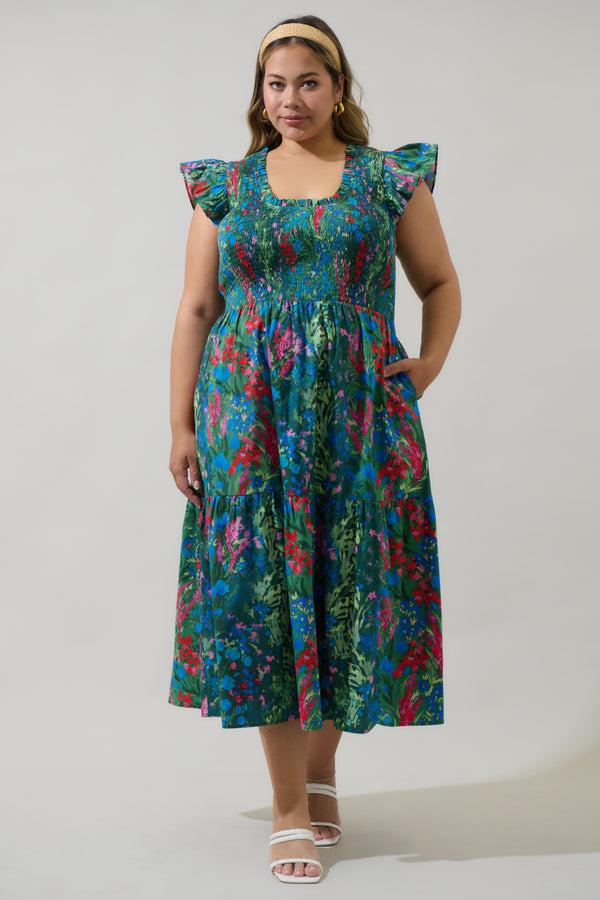 sugarlips Devin Floral Glare Smock Tiered Midi Dress Curve