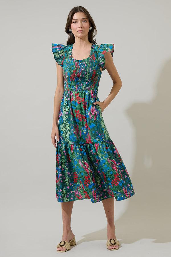 sugarlips Devin Floral Glare Smock Tiered Midi Dress