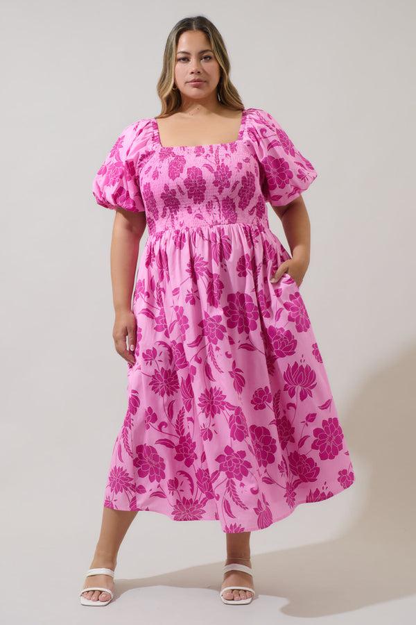 sugarlips Dovina Floral Maray Smocked Midi Dress Curve