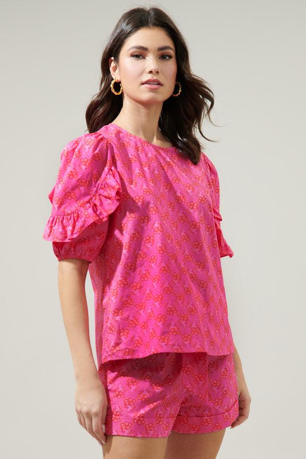 Sugarlips Driftwood Pitaya Mooney Ruffle Puff Sleeve Blouse