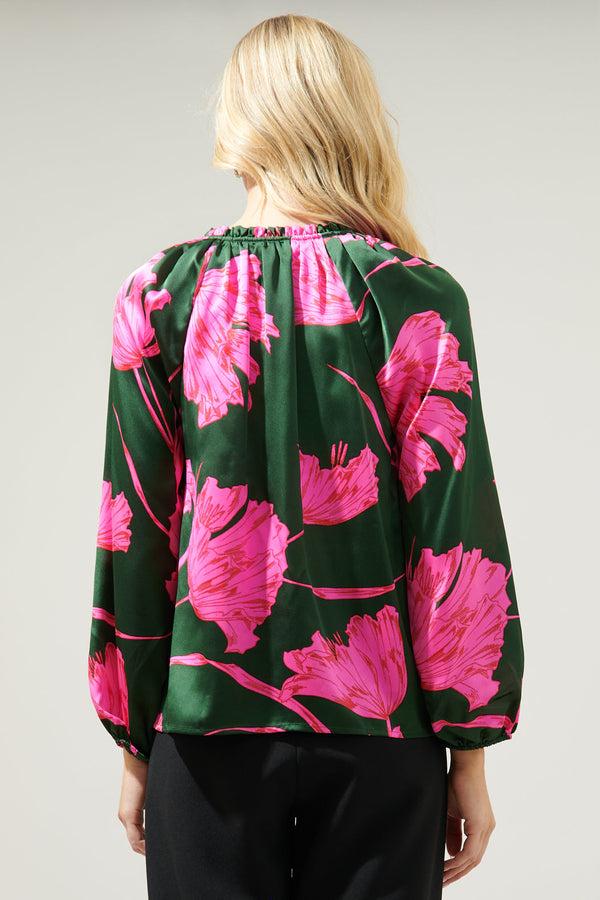 Sugarlips Eartha Floral Jovie Split Neck Satin Raglan Blouse