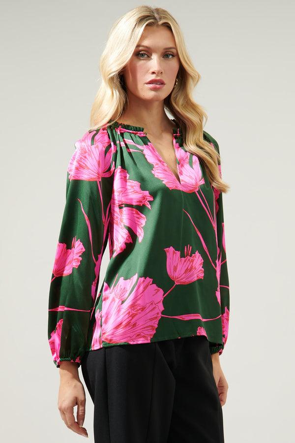 Sugarlips Eartha Floral Jovie Split Neck Satin Raglan Blouse