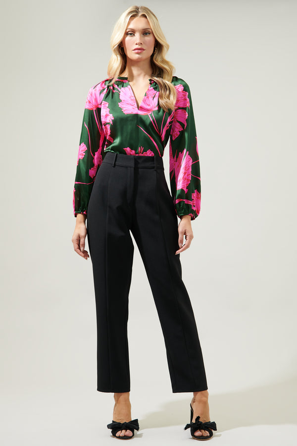 Sugarlips Eartha Floral Jovie Split Neck Satin Raglan Blouse