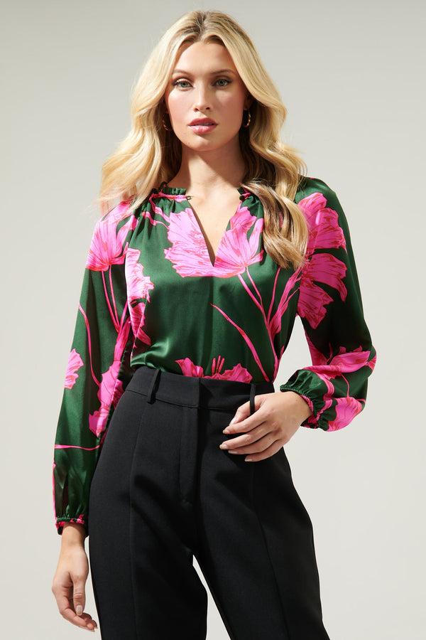 sugarlips Eartha Floral Jovie Split Neck Satin Raglan Blouse