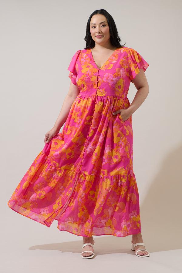 sugarlips Elaris Floral Blissa Button Midi Dress Curve