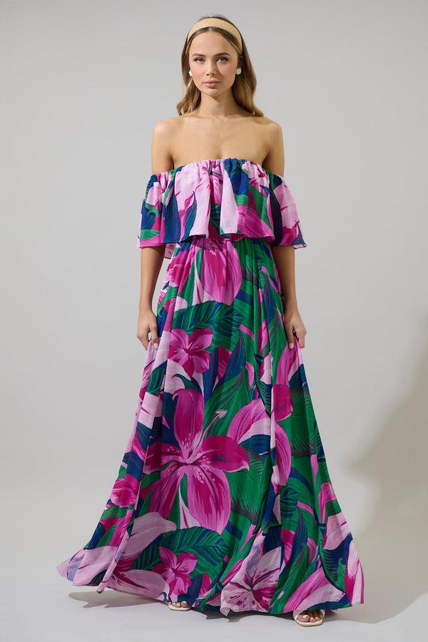 Sugarlips Ellerton Tropics Enamored Off The Shoulder Ruffle Dress