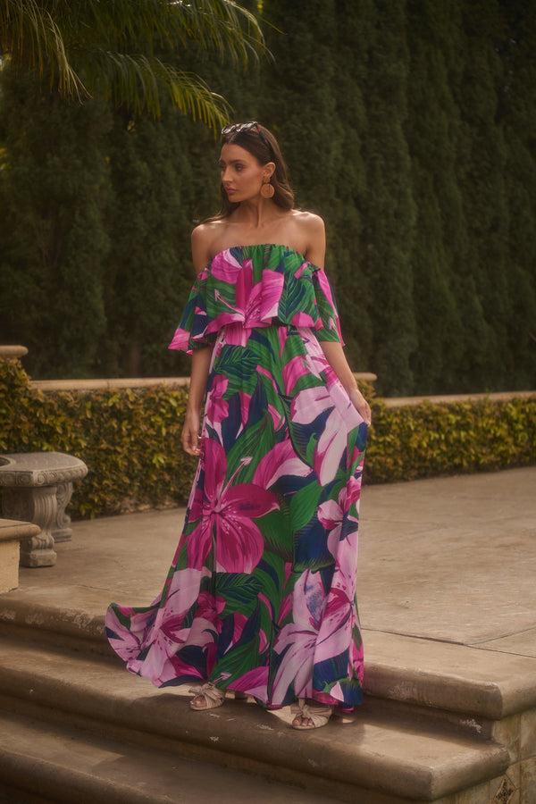sugarlips Ellerton Tropics Enamored Off the Shoulder Ruffle Dress