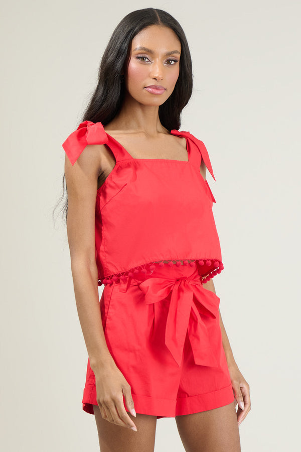 Sugarlips Elowen Zaferia Milagro Tie Strap Cherry Pom Pom Crop Top