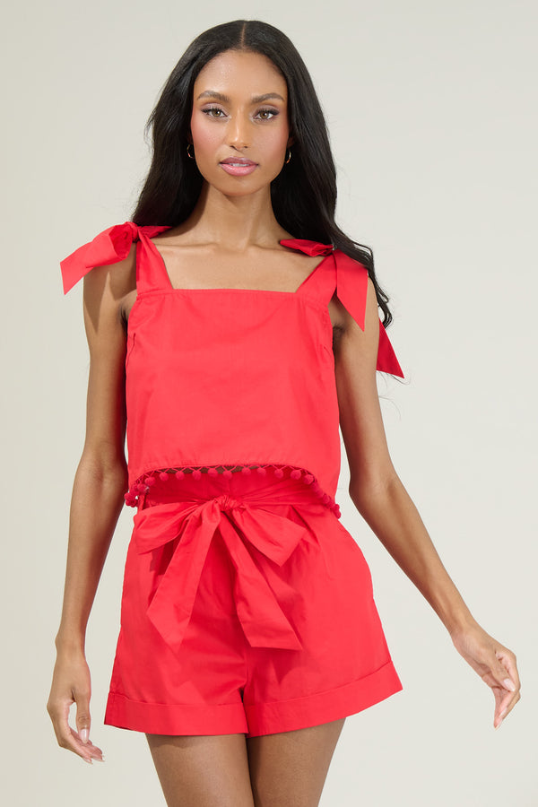 sugarlips Elowen Zaferia Milagro Tie Strap Cherry Pom Pom Crop Top