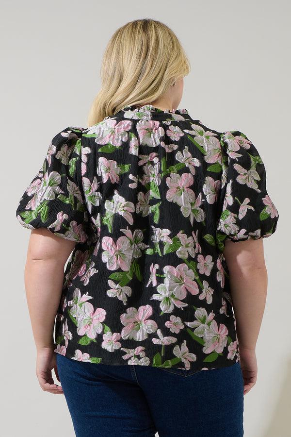 Sugarlips Elsinore Floral Jacquard Split Neck Top Curve