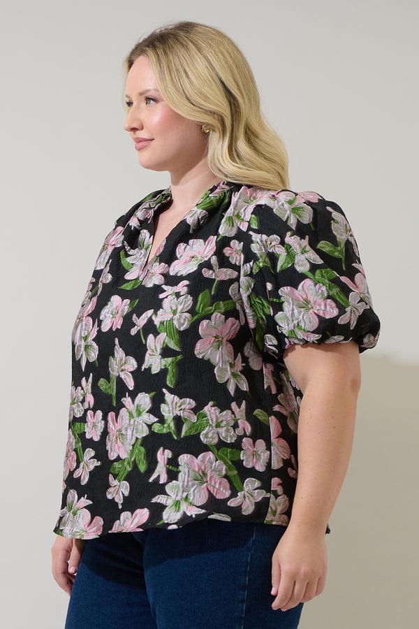 Sugarlips Elsinore Floral Jacquard Split Neck Top Curve