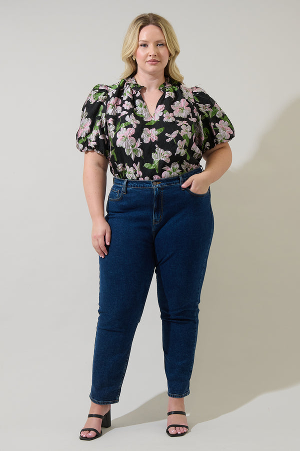 Sugarlips Elsinore Floral Jacquard Split Neck Top Curve