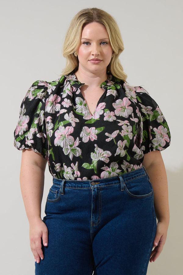 sugarlips Elsinore Floral Jacquard Split Neck Top Curve