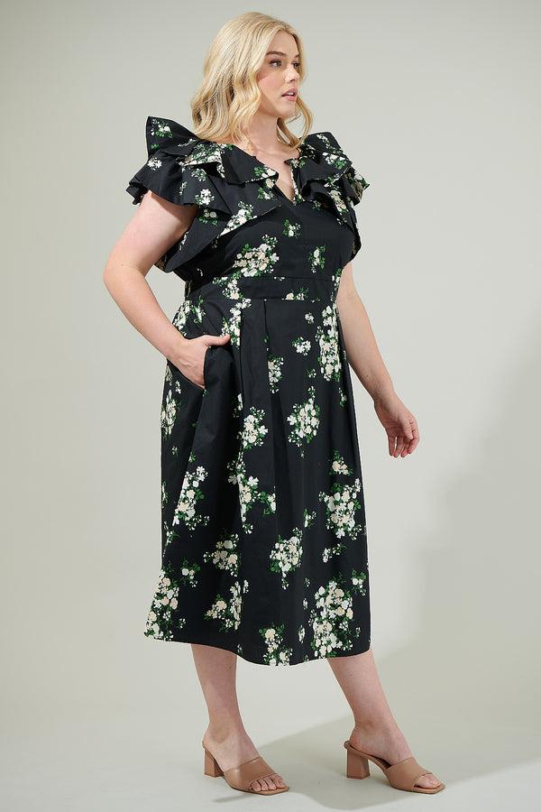 Sugarlips Emery Floral Santana Tie Back Midi Dress Curve