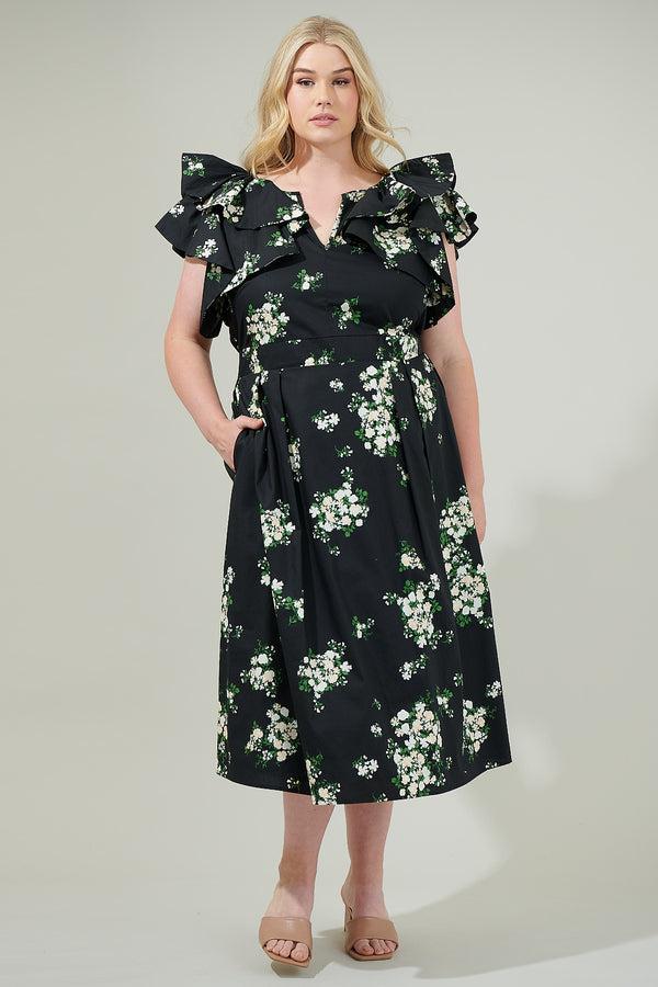 Sugarlips Emery Floral Santana Tie Back Midi Dress Curve