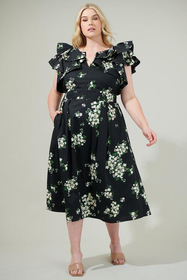 sugarlips Emery Floral Santana Tie Back Midi Dress Curve