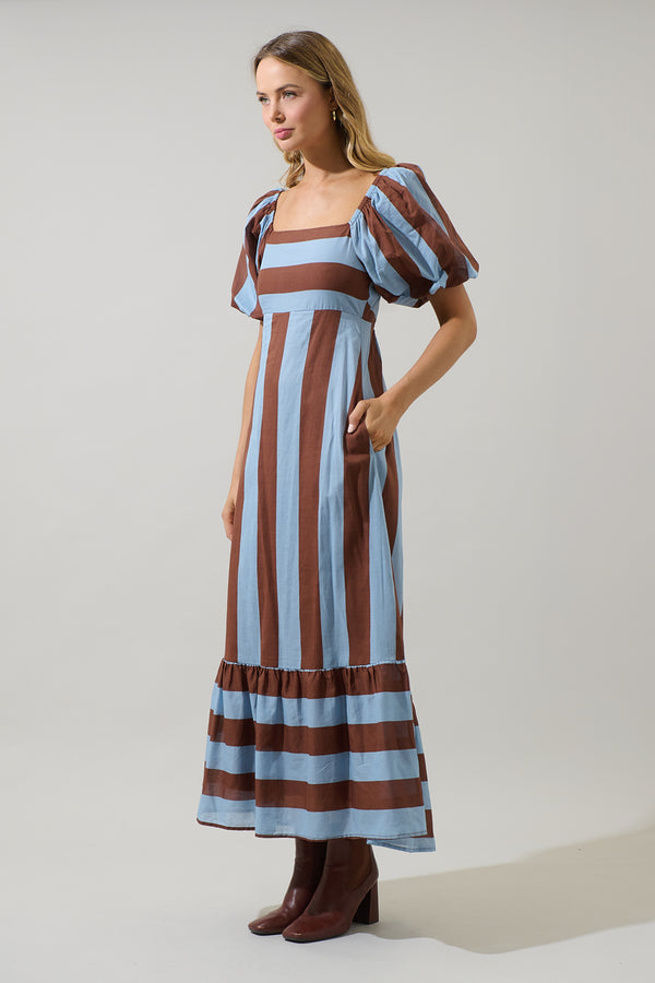 Sugarlips Evabelle Stripe Xena Puff Sleeve Maxi Dress