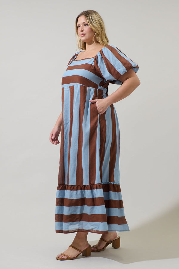 Sugarlips Evabelle Stripe Xena Puff Sleeve Maxi Dress Curve
