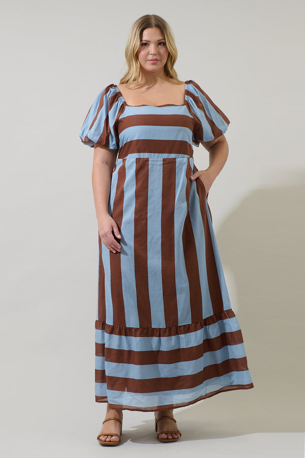sugarlips Evabelle Stripe Xena Puff Sleeve Maxi Dress Curve