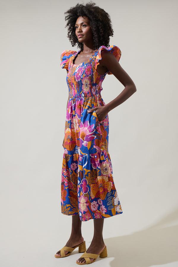 Sugarlips Eveline Floral Giza Glare Smock Tiered Midi Dress