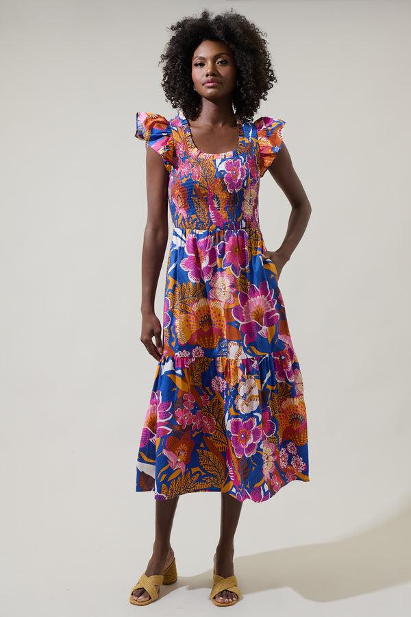 sugarlips Eveline Floral Giza Glare Smock Tiered Midi Dress