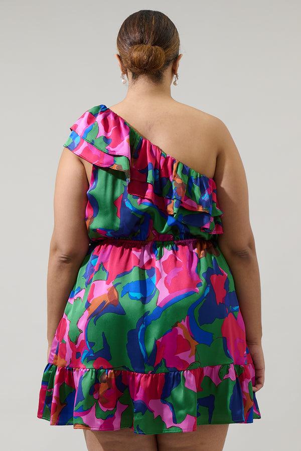 Sugarlips Evolet Floral Paradise Satin One Shoulder Mini Dress Curve
