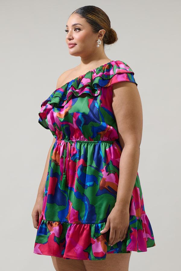 Sugarlips Evolet Floral Paradise Satin One Shoulder Mini Dress Curve