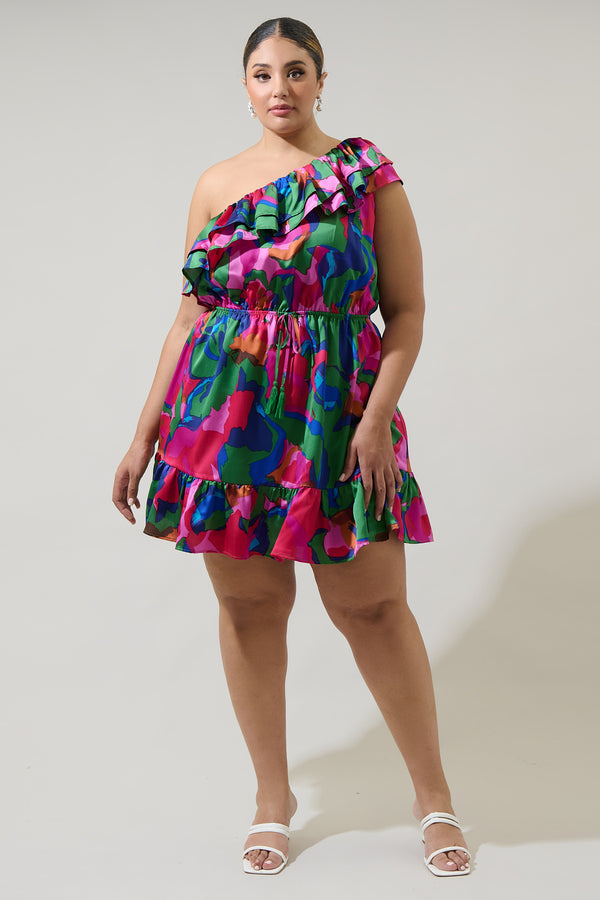 Sugarlips Evolet Floral Paradise Satin One Shoulder Mini Dress Curve