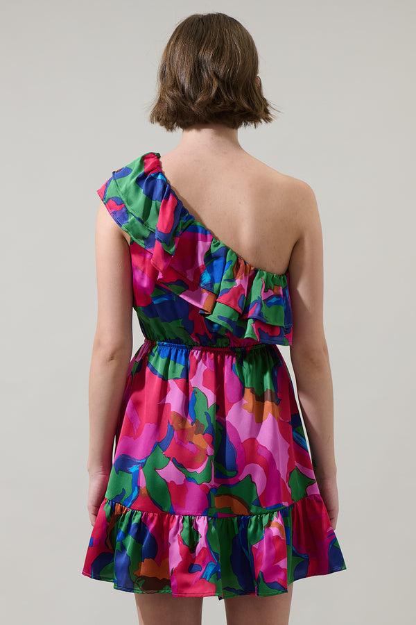 Sugarlips Evolet Floral Paradise Satin One Shoulder Mini Dress
