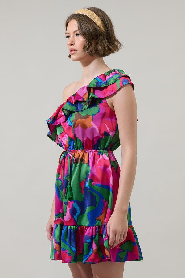 Sugarlips Evolet Floral Paradise Satin One Shoulder Mini Dress