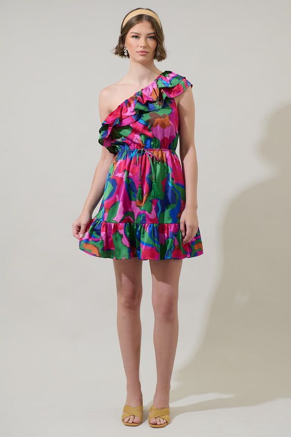 Sugarlips Evolet Floral Paradise Satin One Shoulder Mini Dress