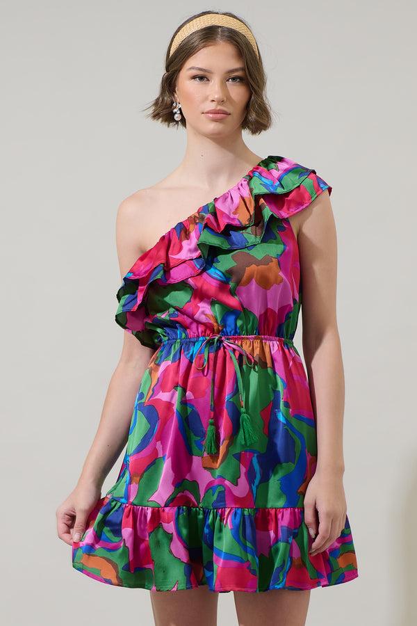 sugarlips Evolet Floral Paradise Satin One Shoulder Mini Dress