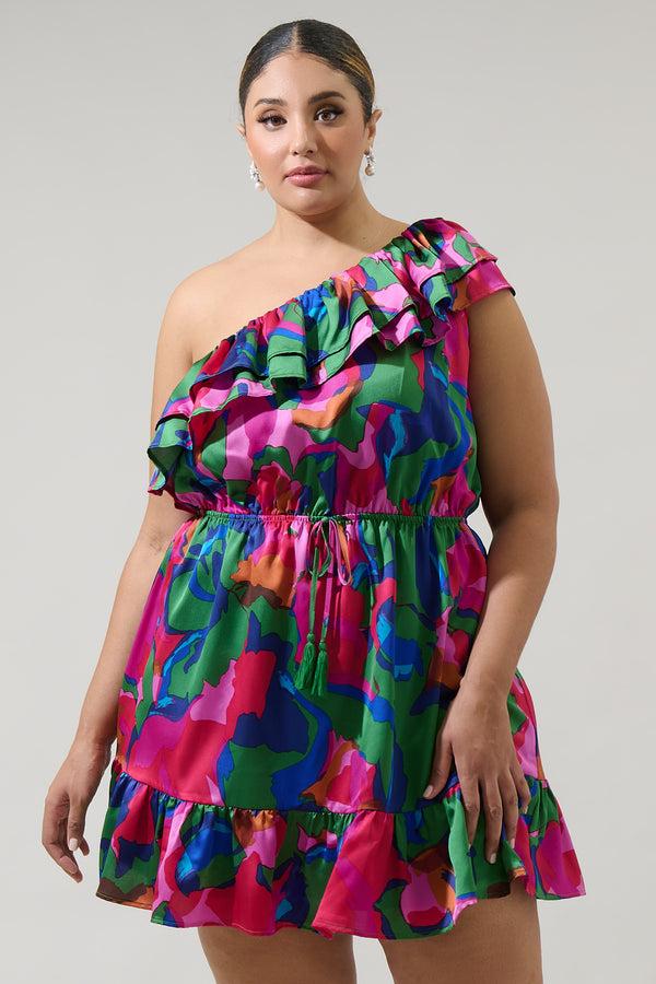 sugarlips Evolet Floral Paradise Satin One Shoulder Mini Dress Curve