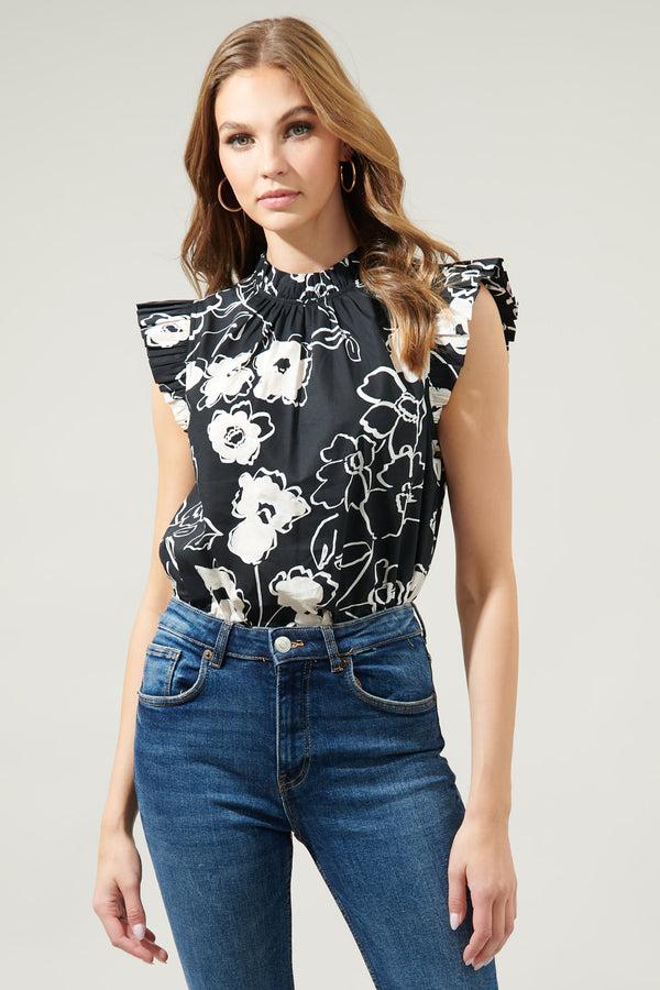 sugarlips Fabienne Floral Gabrielle Mock Neck Poplin Top