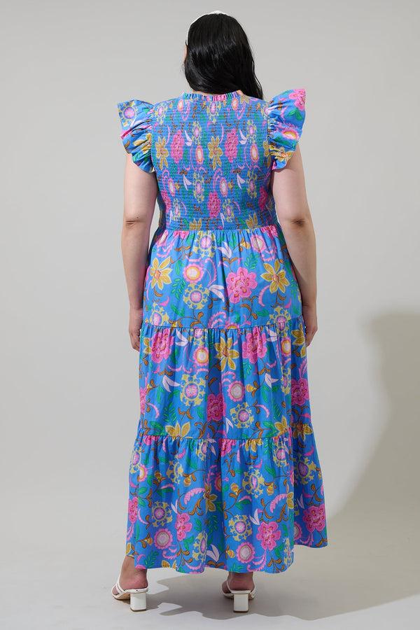 Sugarlips Faro Floral Sunfire Tiered Midi Dress Curve