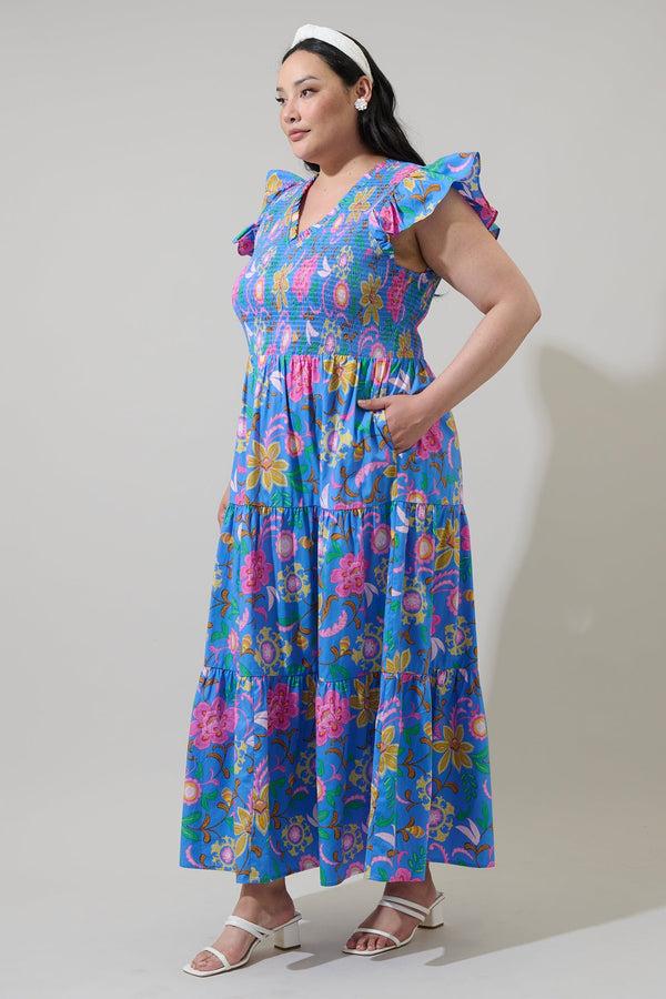 Sugarlips Faro Floral Sunfire Tiered Midi Dress Curve