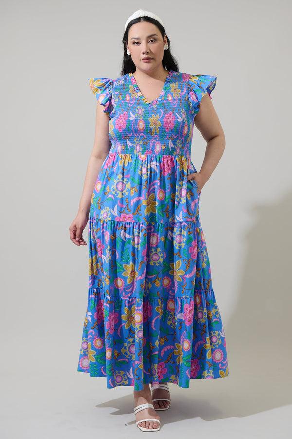sugarlips Faro Floral Sunfire Tiered Midi Dress Curve
