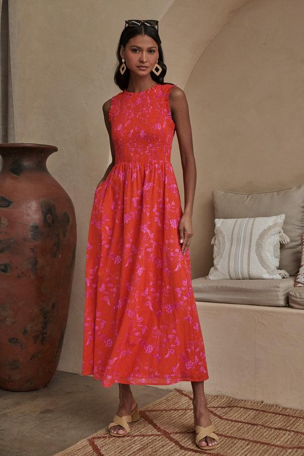 sugarlips Fia Floral Cecil Smocked Sleeveless Midi Dress